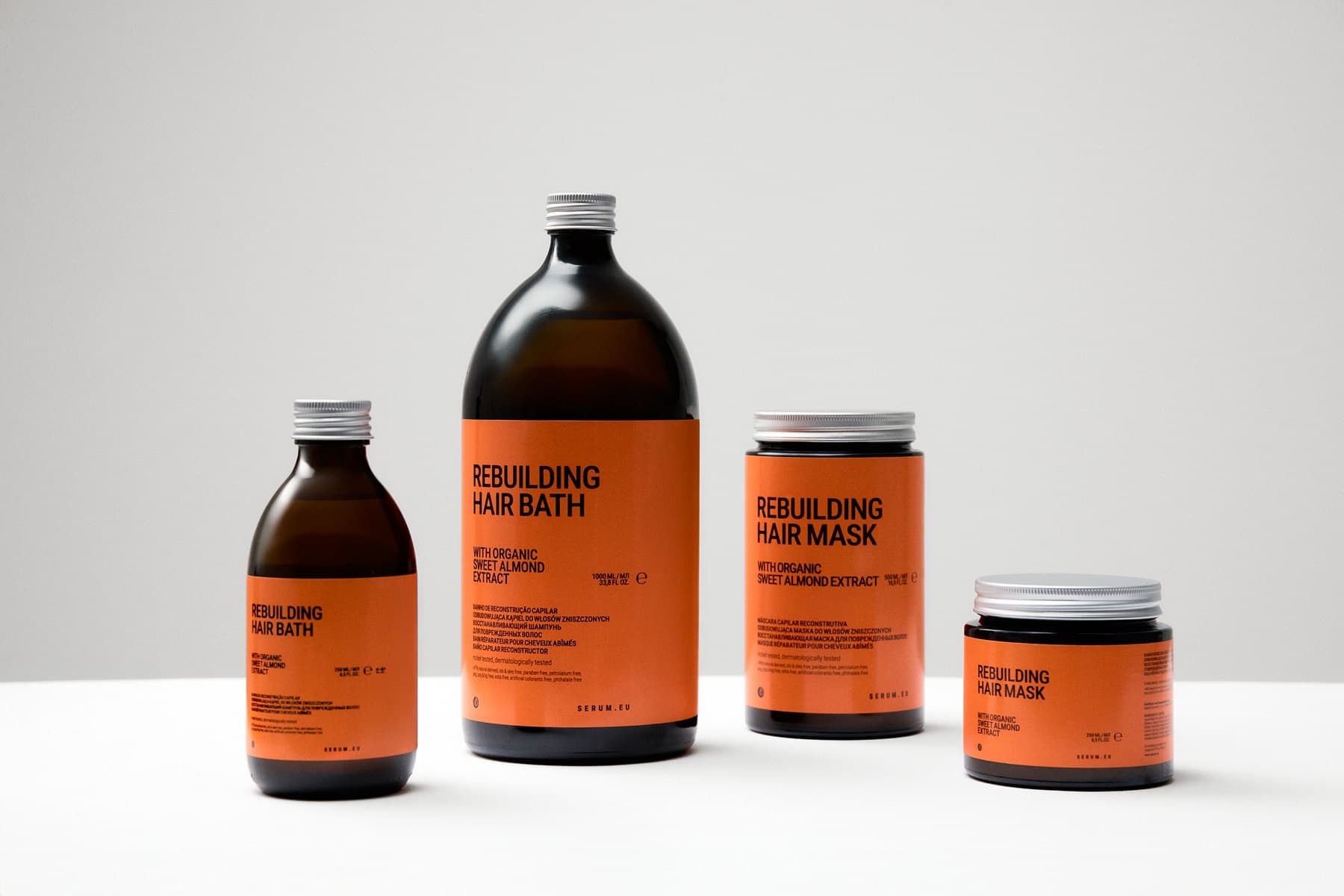 Four SERUM.EU rebuilding line products in glass packaging